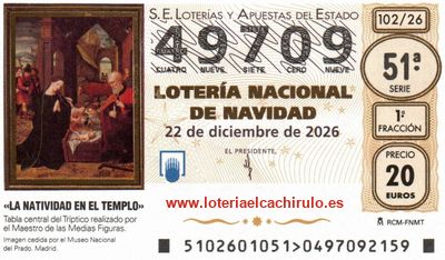 Anverso del décimo 49709 de la Lotería de Navidad 2026, de Plasencia (Cáceres)